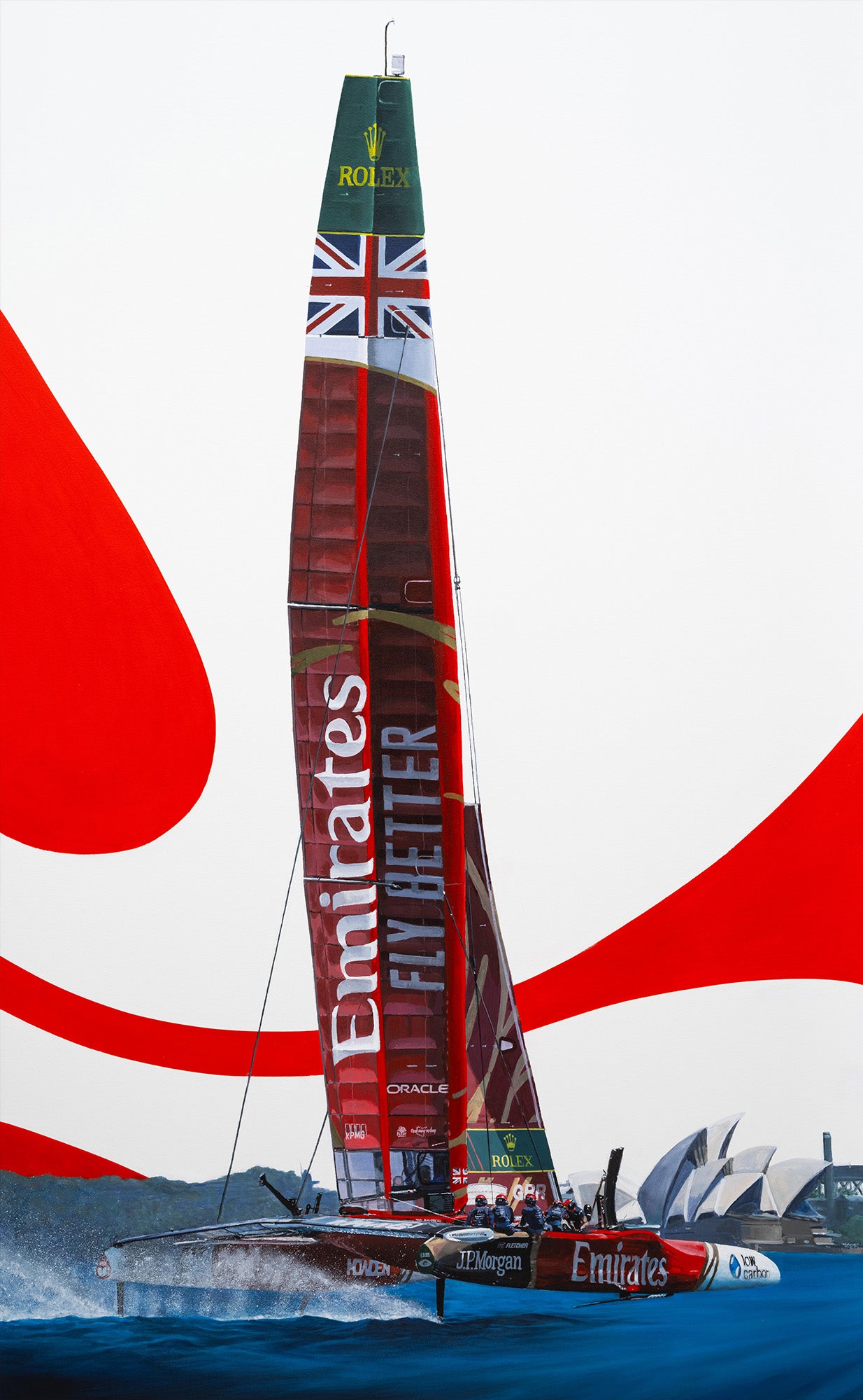 Sailboat with Emirates branding against a red and white abstract background