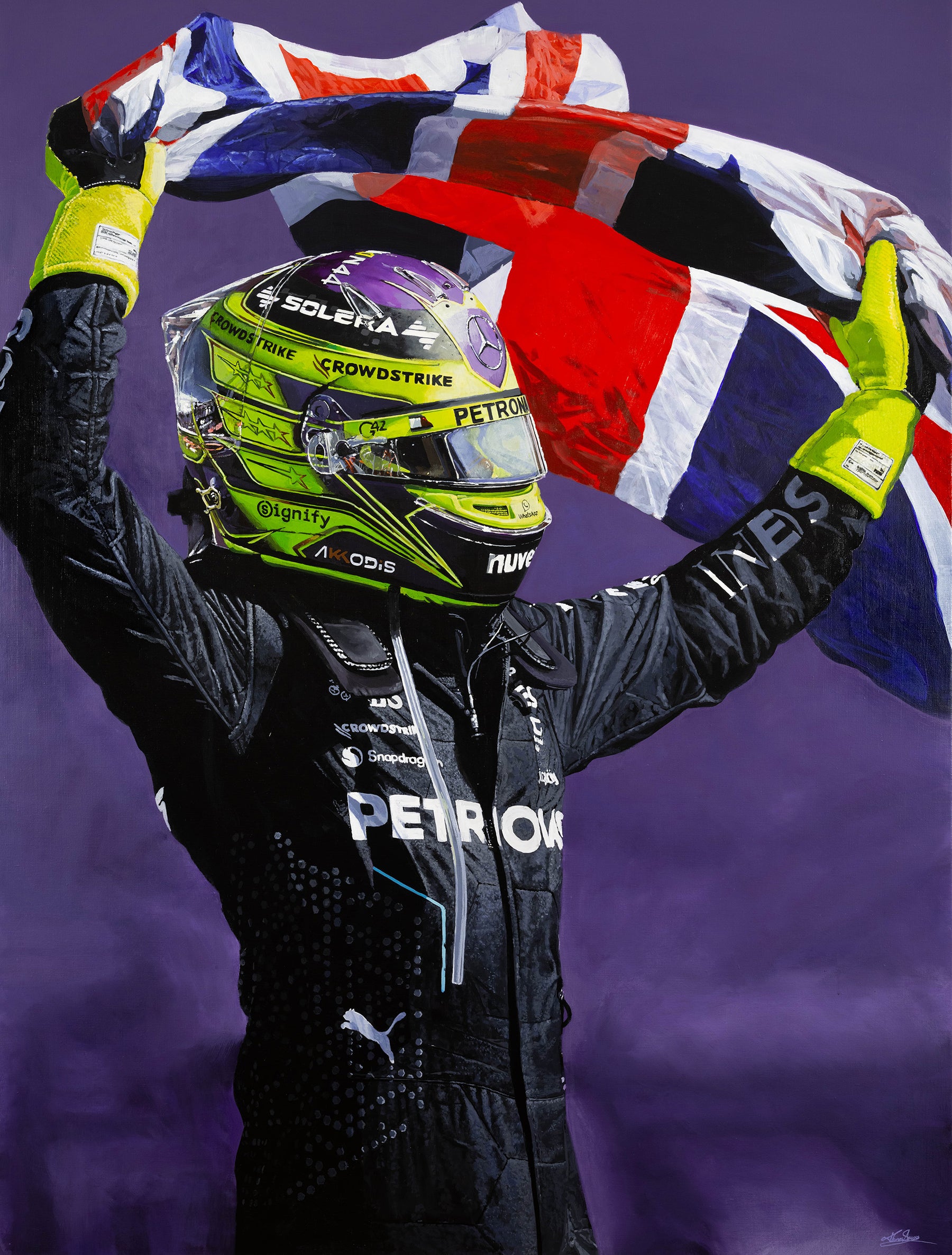 Lewis Hamilton in racing suit and helmet holding a British flag against a purple background