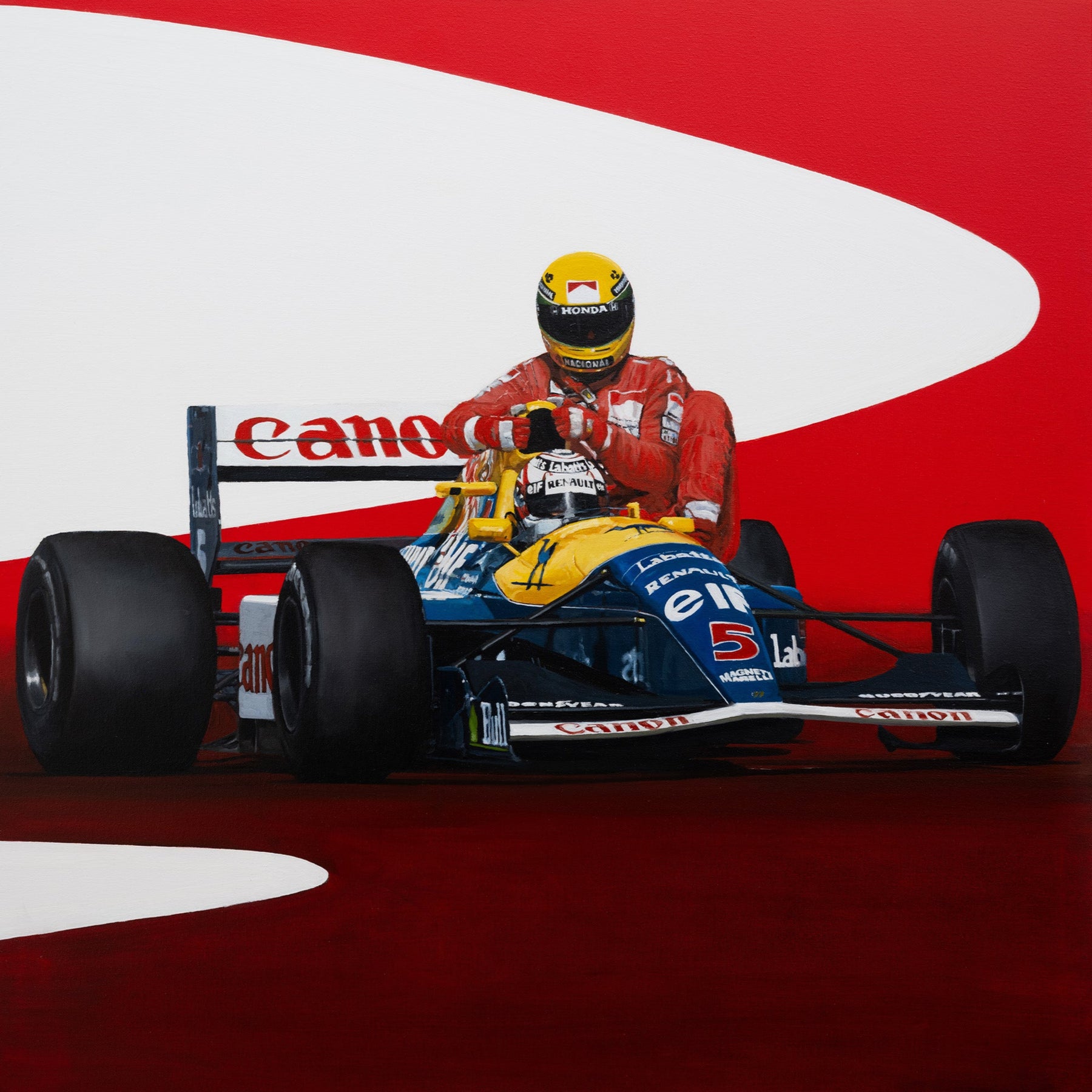Formula 1 car with a driver in a red suit on a red and white track, ayrton senna and nigel mansell, williams