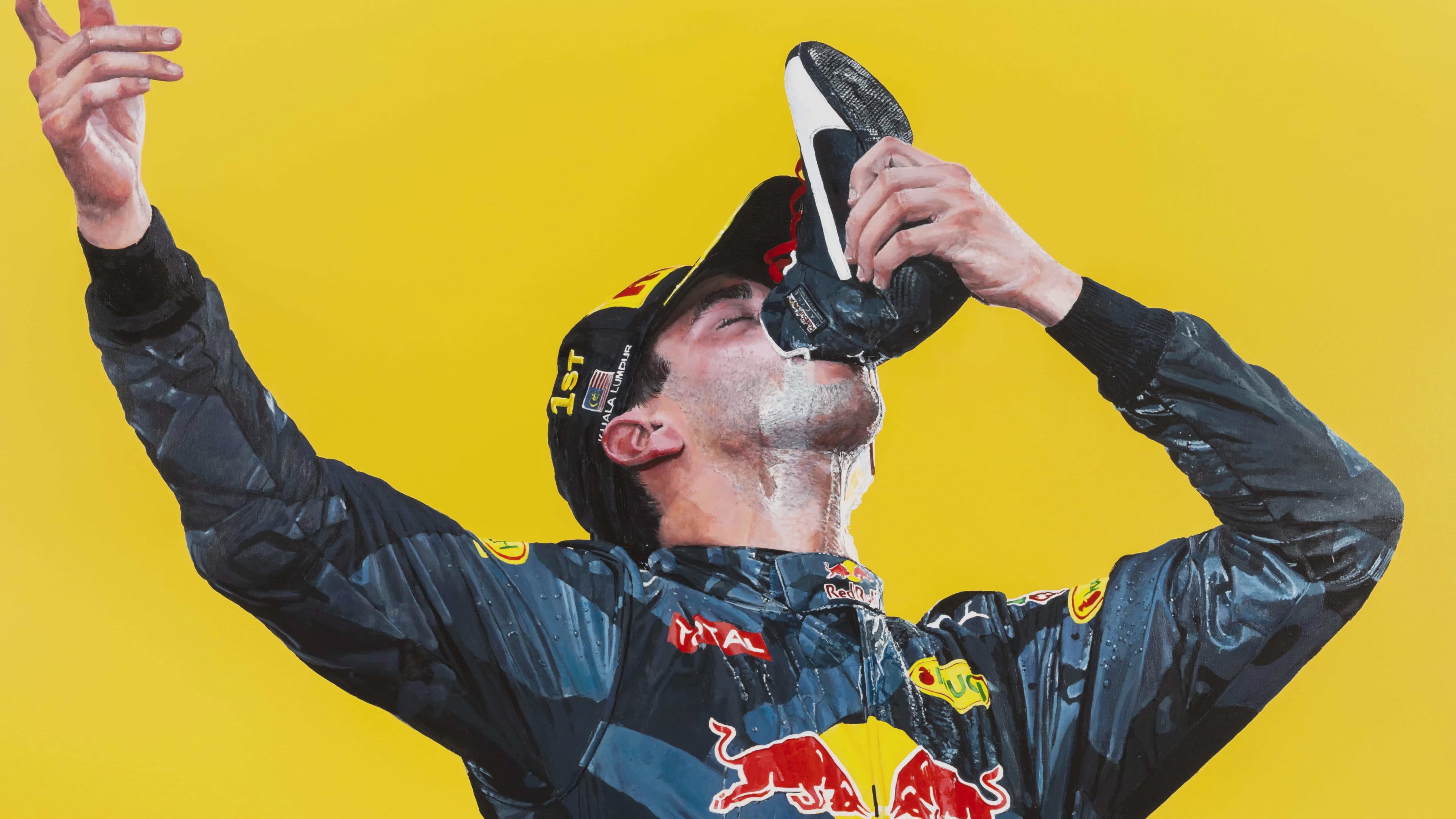 Load video: A video featuring painting highlights of Daniel Ricciardo celebrating with a shoey on the podium of the Malaysian grand prix 2016.