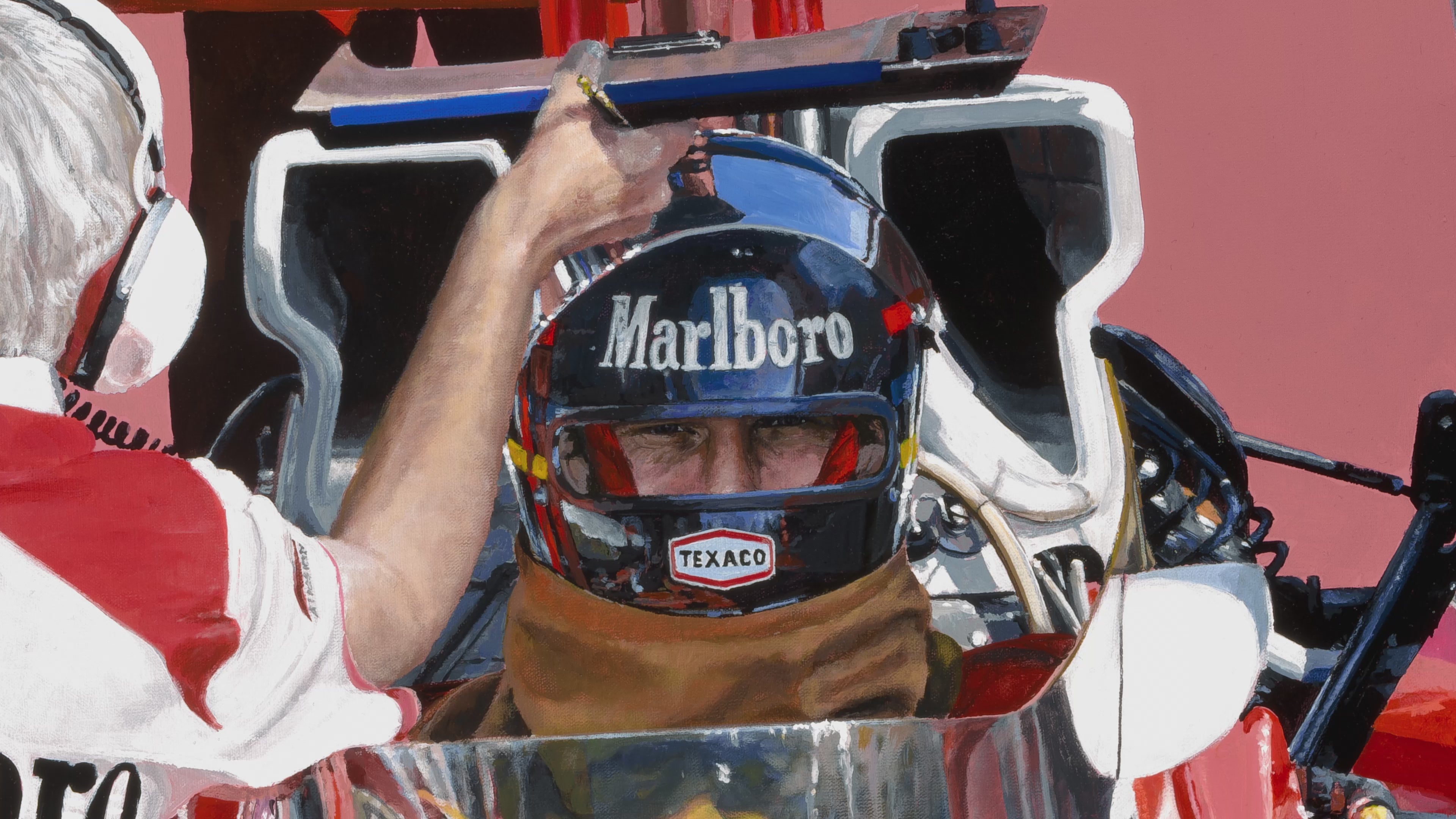 Load video: A video featuring painting highlights of James Hunt and the McLaren pit engineers as they work on his car in 1968.
