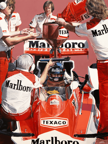 Hunt 78 | McLaren - McLaren - James Hunt - McLaren - James Stevens Artist - A3 Giclee Print - - - "James Hunt in his McLaren M26, during refuelling at the 1978 Spanish Grand Prix. I just love this painting, the little details such as Teddy Mayor preventing splashes on James's visor and the reflections in the copper funnel. This piece has all the aspects of the era, from bold Marlboro and Texaco advertising to long wavy hair. A particularly favourite part of the painting was the shirts, capturing the warmth 