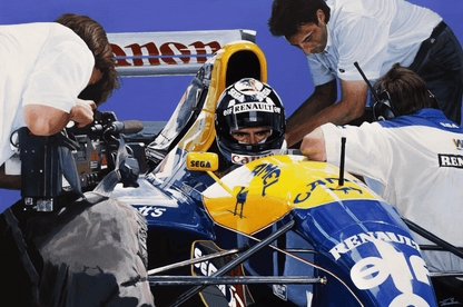 Hill 93 | Williams - Williams - Damon Hill - Williams - James Stevens Artist - A3 Giclee Print - - - "Damon Hill in his 1993 Williams Formula 1 car. This is one of my favourite paintings, transporting you back into the 90s, alongside the livery advertisers of SEGA and CANON, even a small sonic hedgehog on the helmet. However, it's truly Damon's eyes that grab you, bringing you into focus" - James Stevens - Formula 1 art - F1 art - Formula 1 artist - Formula 1 painting - F1 painting - Motorsport art - Motors