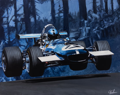 Courage 69 | Frank Williams Racing Cars - Williams - Piers Courage - Williams - James Stevens Artist - A3 Giclee Print - - - "Piers Courage, in his 1969 Brahbam BT26A Gained air as he raced around the Nurburgring, this piece was a specially commissioned painting, capturing all the action and history." - James Stevens - Formula 1 art - F1 art - Formula 1 artist - Formula 1 painting - F1 painting - Motorsport art - Motorsport painting - Formula 1 - F1 - Pit stop - pit stop painter - Formula 1 gifts - F1 gifts