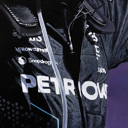Hamilton 24 | Mercedes - Mercedes - Lewis Hamilton - Mercedes - James Stevens Artist - - - - "Lewis Hamilton holding the Union Jack after winning his 9th Grand Prix at Silverstone, setting a new world record. The race was filled with action from the get-go, with all three British drivers on the front row for their home race. Afterwards, emotions ran high, with tears of joy from Hamilton. A special piece and one that potentially captures Lewis's last Silverstone win with Mercedes." - James Stevens - Formula 