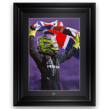 Hamilton 24 | Mercedes - Mercedes - Lewis Hamilton - Mercedes - James Stevens Artist - Collectors Edition - - - "Lewis Hamilton holding the Union Jack after winning his 9th Grand Prix at Silverstone, setting a new world record. The race was filled with action from the get-go, with all three British drivers on the front row for their home race. Afterwards, emotions ran high, with tears of joy from Hamilton. A special piece and one that potentially captures Lewis's last Silverstone win with Mercedes." - James