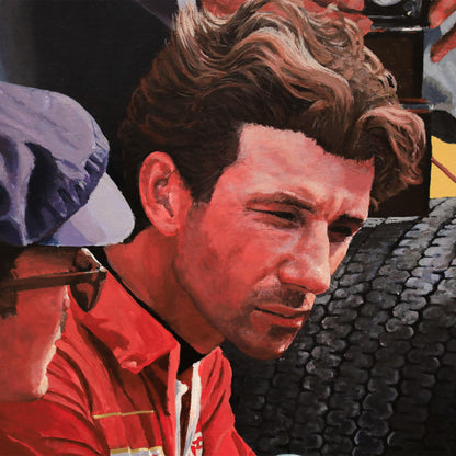 Hill 68 | Team Lotus - Team Lotus - Graham Hill - Team Lotus - James Stevens Artist - - - - "Featuring Graham Hill and his mechanics during the 1968 Spanish Grand Prix in Jamara, taking home a win in his Lotus Cosworth 49. This painting is very special, taking you back to a time before computers and digital cameras, transporting you into the discussion around Graham's set-up, with a subtle but modern abstract twist. A particularly special detail for me is the reflection of a mechanic in the visor" - James S