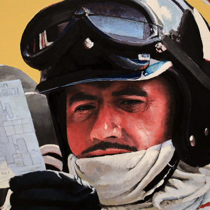 Hill 68 | Team Lotus - Team Lotus - Graham Hill - Team Lotus - James Stevens Artist - - - - "Featuring Graham Hill and his mechanics during the 1968 Spanish Grand Prix in Jamara, taking home a win in his Lotus Cosworth 49. This painting is very special, taking you back to a time before computers and digital cameras, transporting you into the discussion around Graham's set-up, with a subtle but modern abstract twist. A particularly special detail for me is the reflection of a mechanic in the visor" - James S