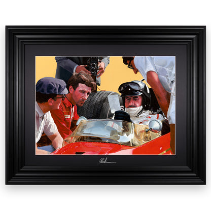 Hill 68 | Team Lotus - Team Lotus - Graham Hill - Team Lotus - James Stevens Artist - Collectors Edition - - - "Featuring Graham Hill and his mechanics during the 1968 Spanish Grand Prix in Jamara, taking home a win in his Lotus Cosworth 49. This painting is very special, taking you back to a time before computers and digital cameras, transporting you into the discussion around Graham's set-up, with a subtle but modern abstract twist. A particularly special detail for me is the reflection of a mechanic in t