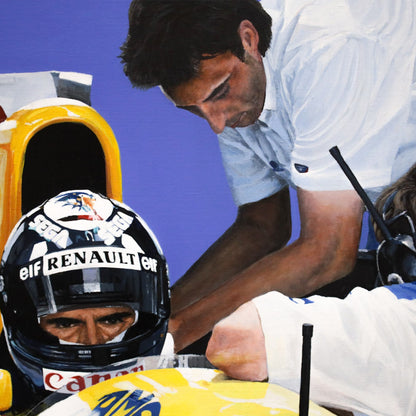 Hill 93 | Williams - Williams - Damon Hill - Williams - James Stevens Artist - - - - "Damon Hill in his 1993 Williams Formula 1 car. This is one of my favourite paintings, transporting you back into the 90s, alongside the livery advertisers of SEGA and CANON, even a small sonic hedgehog on the helmet. However, it's truly Damon's eyes that grab you, bringing you into focus" - James Stevens - Formula 1 art - F1 art - Formula 1 artist - Formula 1 painting - F1 painting - Motorsport art - Motorsport painting - 