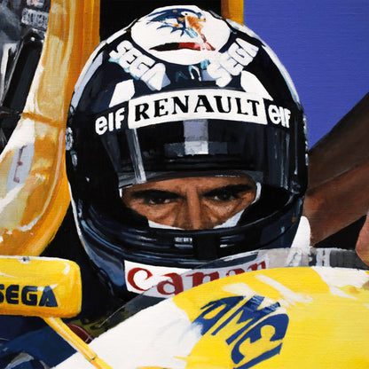 Hill 93 | Williams - Williams - Damon Hill - Williams - James Stevens Artist - - - - "Damon Hill in his 1993 Williams Formula 1 car. This is one of my favourite paintings, transporting you back into the 90s, alongside the livery advertisers of SEGA and CANON, even a small sonic hedgehog on the helmet. However, it's truly Damon's eyes that grab you, bringing you into focus" - James Stevens - Formula 1 art - F1 art - Formula 1 artist - Formula 1 painting - F1 painting - Motorsport art - Motorsport painting - 