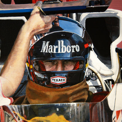 Hunt 78 | McLaren - McLaren - James Hunt - McLaren - James Stevens Artist - - - - "James Hunt in his McLaren M26, during refuelling at the 1978 Spanish Grand Prix. I just love this painting, the little details such as Teddy Mayor preventing splashes on James's visor and the reflections in the copper funnel. This piece has all the aspects of the era, from bold Marlboro and Texaco advertising to long wavy hair. A particularly favourite part of the painting was the shirts, capturing the warmth and highlights f