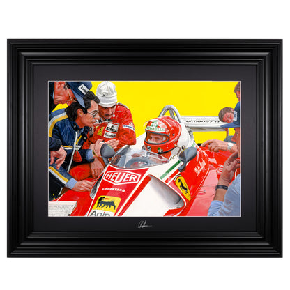 Lauda 76 | Ferrari - Ferrari - Niki Lauda - Ferrari - James Stevens Artist - Collectors Edition - - - "Niki Lauda in his 1976 Ferrari at the German Grand Prix, accompanied by Clay Regazzoni, in a race that will be forever remembered in history. One of my favourite aspects of this painting is the people involved, this is always one of the most challenging and important parts in any piece, accuracy and detail are key" - James Stevens - Formula 1 art - F1 art - Formula 1 artist - Formula 1 painting - F1 painti