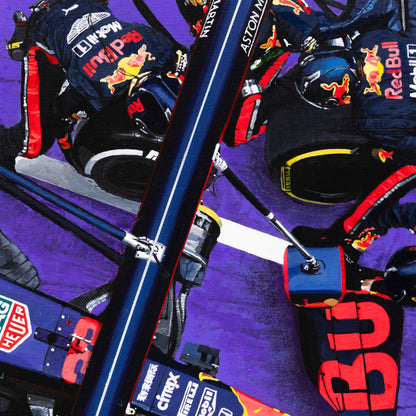 Verstappen 19 | Red Bull - Red Bull - Max Verstappen - Red Bull - James Stevens Artist - - - - "Featuring Max Verstappen and the Red Bull pit crew during the Chinese Grand Prix in 2019. The complexity of a painting always fascinates me, and with this piece, there is an abundance of small details or aspects you won't notice at first glance. One of my favourite parts of this piece was painting the front jack, I thoroughly enjoyed going into the intricate details of the equipment" - James Stevens - Formula 1 a