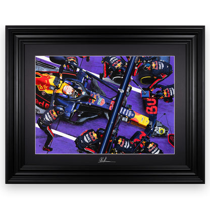 Verstappen 19 | Red Bull - Red Bull - Max Verstappen - Red Bull - James Stevens Artist - - - - "Featuring Max Verstappen and the Red Bull pit crew during the Chinese Grand Prix in 2019. The complexity of a painting always fascinates me, and with this piece, there is an abundance of small details or aspects you won't notice at first glance. One of my favourite parts of this piece was painting the front jack, I thoroughly enjoyed going into the intricate details of the equipment" - James Stevens - Formula 1 a