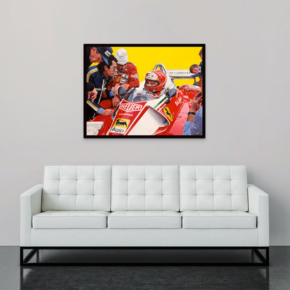 Lauda 76 | Ferrari - Ferrari - Niki Lauda - Ferrari - James Stevens Artist - Original Painting - - - "Niki Lauda in his 1976 Ferrari at the German Grand Prix, accompanied by Clay Regazzoni, in a race that will be forever remembered in history. One of my favourite aspects of this painting is the people involved, this is always one of the most challenging and important parts in any piece, accuracy and detail are key" - James Stevens - Formula 1 art - F1 art - Formula 1 artist - Formula 1 painting - F1 paintin